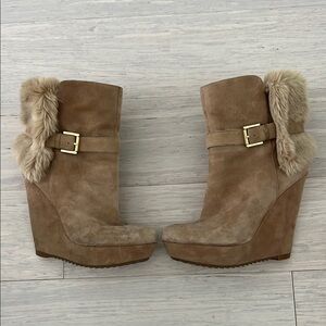 Nine West Genuine Leather Faux Fur Women's Tan Suede Wedge Boots 8.5
